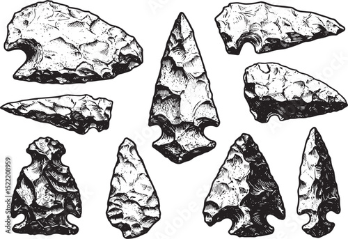 Detailed flint arrowheads arrangement woodcut engraving style bl