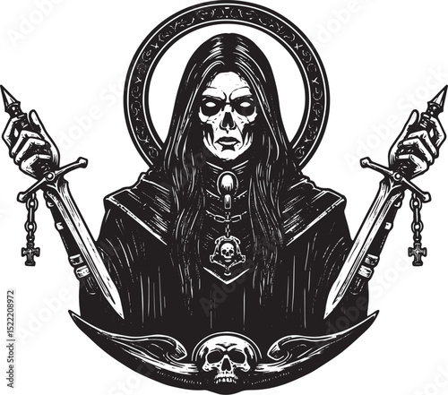 Eerie Black and White Illustration of a Dark Figure Holding Dagg