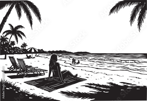 Monochrome serenity: Woman enjoys a peaceful moment on the beach