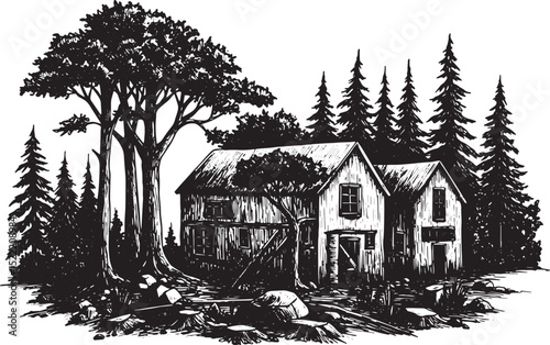 Black and white woodcut illustration depicts a rustic cabin nest