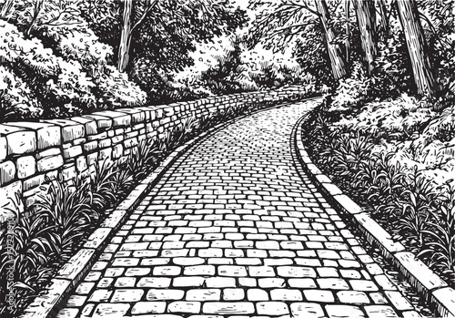 Monochrome woodcut of a scenic pathway through a verdant park la