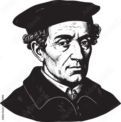 Classic Portrait Illustration of an European Scholar in Woodcut