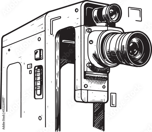 Monochromatic drawing of a vintage-styled video camera with stri