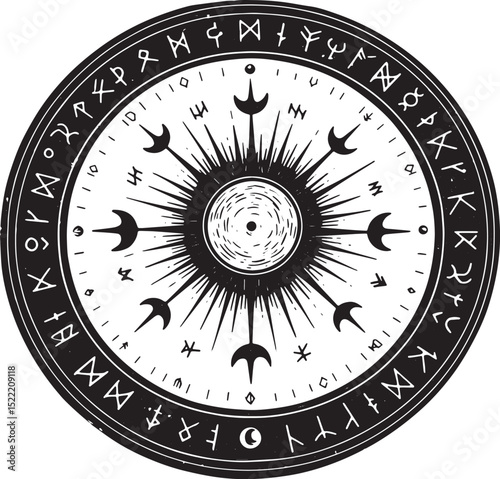 Ancient runes compass magical amulet mystical symbol black and w