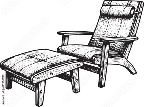 Detailed monochrome drawing of a modern lounge chair with ottoma