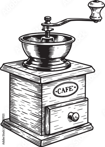 Vintage black and white illustration of a hand crank coffee grin