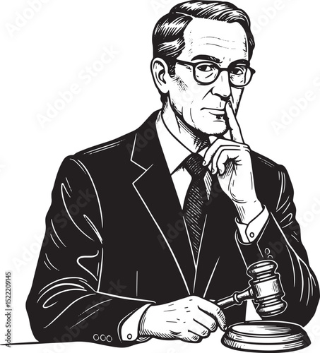 Monochrome Woodcut Illustration of a Thoughtful Legal Counsel Ho