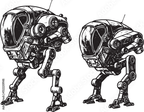 Monochrome detailed woodcut illustration of futuristic robotic m