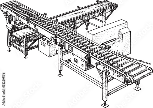 Woodcut Illustration of a Complex Conveyor System in Black and W