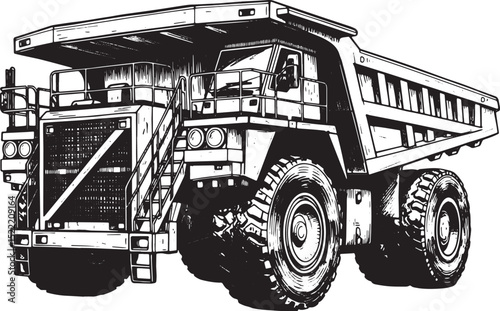 Monochrome Woodcut Illustration of a Heavy Haul Truck for Mining