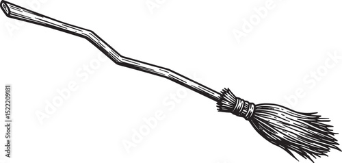 Hand-drawn antique broomstick illustration on white background f