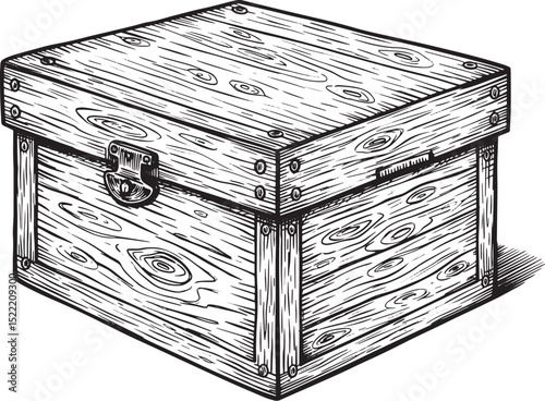 Monochrome Vintage Woodcut Illustration of a Closed Wooden Box