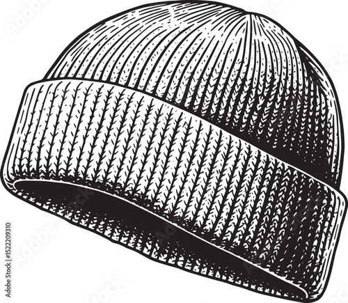 Detailed woodcut style illustration of a knitted beanie hat in b