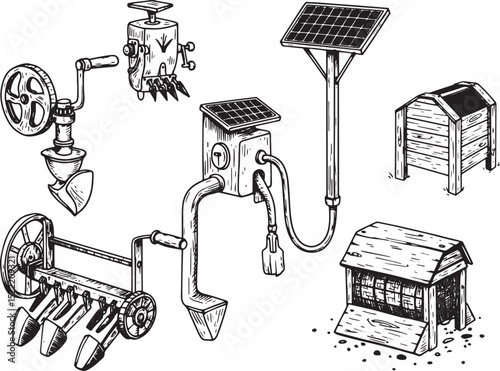 Black and White Woodcut Illustration of Sustainable Agriculture