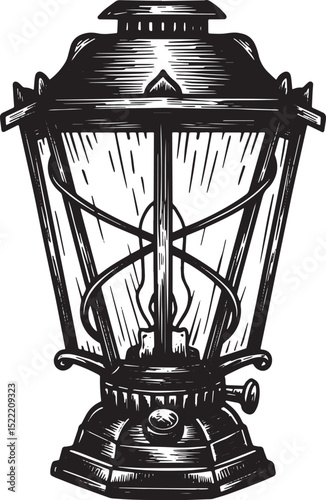 Classic Haunted Lantern Woodcut Style Illustration in Black and