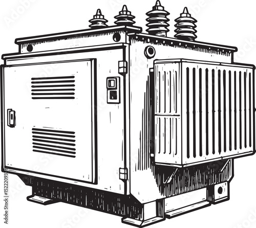 Detailed Line Drawing of a Utility Transformer Cabinet with Cool