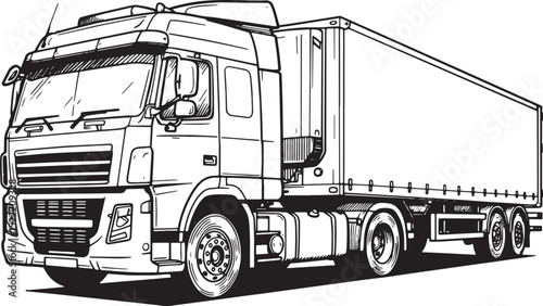 Detailed Black and White Woodcut Illustration of a Transport Tru