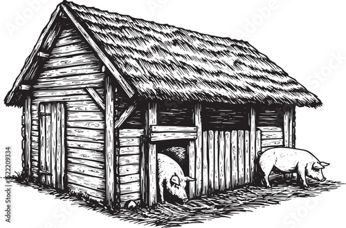 Detailed Woodcut Illustration of a Pigsty with Pigs in Black and