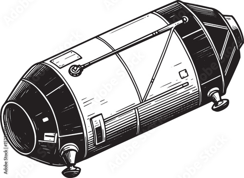 Monochrome Woodcut Illustration of a Space Capsule for Explorati