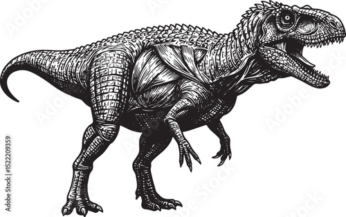 Detailed Herrerasaurus Dinosaur Woodcut Illustration in Black an