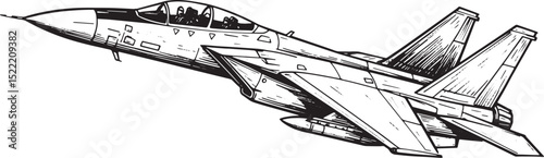 Detailed Hand-Drawn Illustration of a Jet Fighter in Black and W