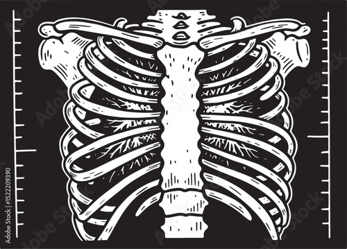 Monochrome woodcut style illustration of a rib cage x ray anatom