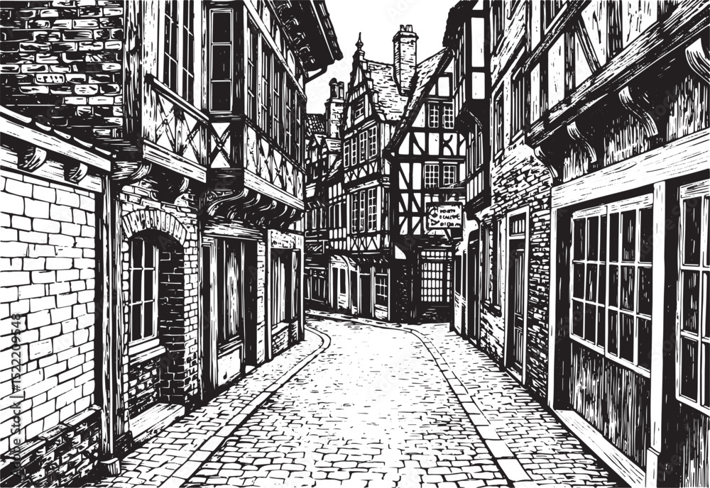 Fototapeta premium Charming European alleyway with Tudor style buildings, woodcut b
