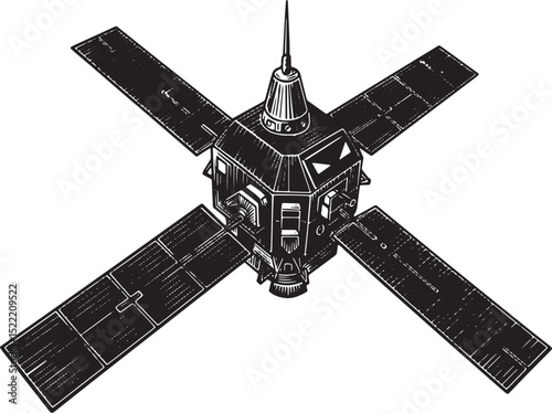 Monochrome Depiction of a Satellite with Solar Panels in Detaile