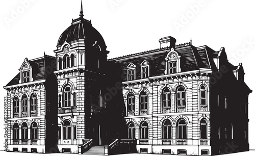 Artistic Depiction of a Luxurious Mansion in a Detailed Woodcut