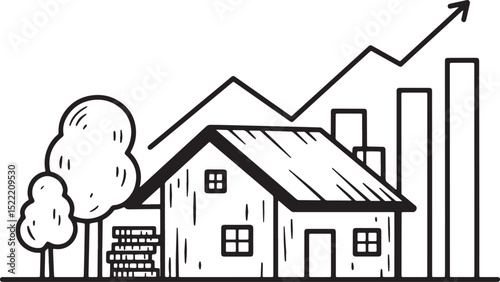 Property appreciation concept with house, chart, coins, and tree