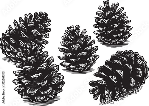 Elegant woodcut illustration featuring a collection of coniferou