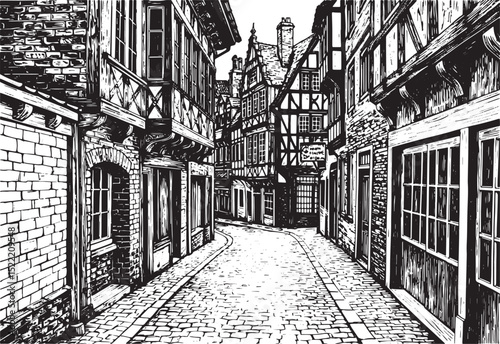 Charming European alleyway with Tudor style buildings, woodcut b