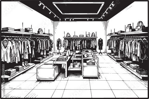 Elegant boutique interior sketch, showcasing fashionable attire