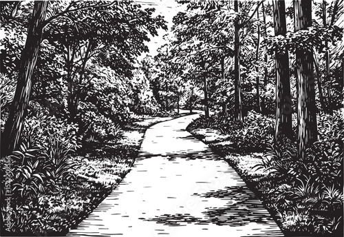 Monochrome woodcut illustration depicting a serene pathway throu