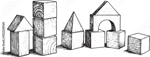 Whimsical architectural sketch: Woodcut illustration of assorted