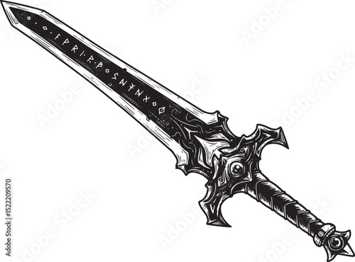 Intricate woodcut drawing of a fantasy sword with runes and deco