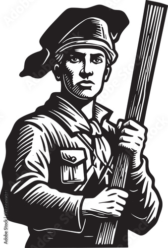 Vintage Monochrome Illustration of a Determined Individual Holdi