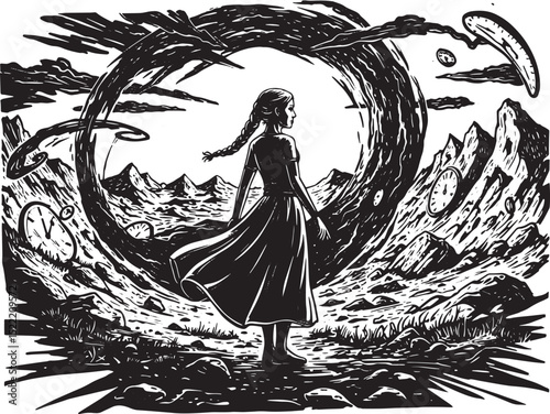 Intricate Black and White Woodcut Illustration of a Woman's Jour