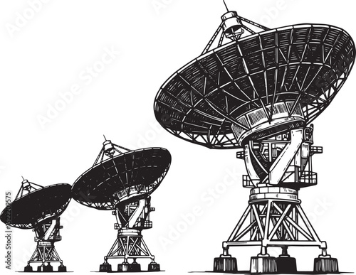 Monochrome Radio Telescope Array: Vintage Style Illustration of