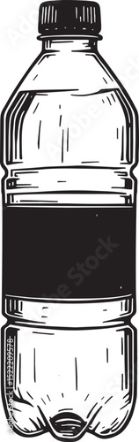 Monochrome water bottle illustration with textured shading and b