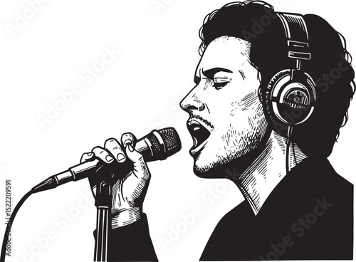 Black and white illustration of a singing man with headphones an