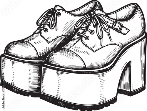 Monochrome woodcut illustration showcasing vintage platform shoe