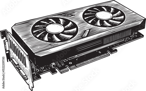 Detailed woodcut style illustration of a modern graphics card fe