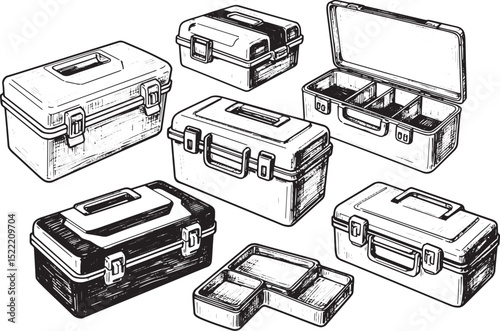 Detailed woodcut drawing showcasing an assortment of vintage tac