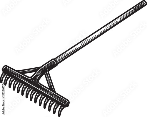 Classic black and white woodcut illustration of a garden rake im