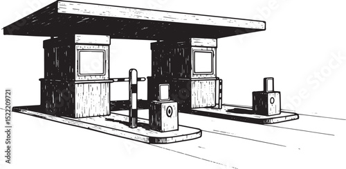 Monochrome Woodcut Illustration of a Toll Booth with Barrier Arm
