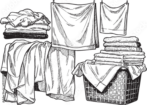 Black and White Woodcut Illustration of Laundry Scene with Clean