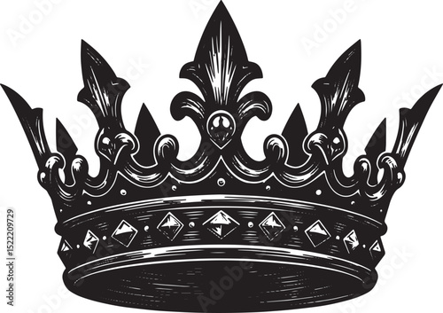 Detailed Woodcut Illustration of a Regal Crown in Black and Whit