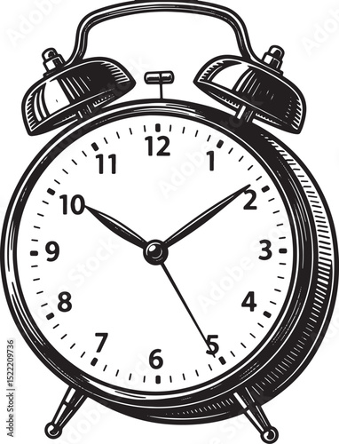 Vintage Alarm Clock Illustration in Monochrome with Engraved Det