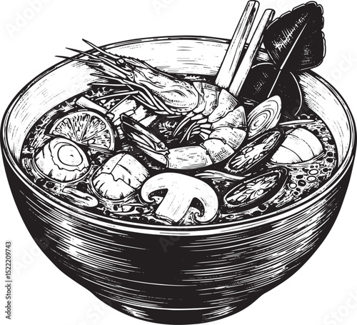 Detailed Woodcut Illustration of Tom Yum Soup with Shrimp and Ve
